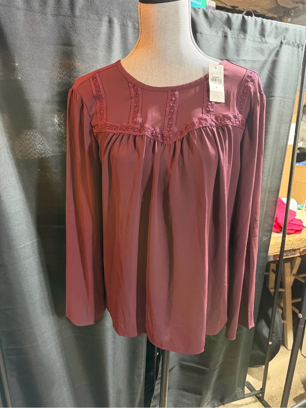LOFT wine color Lace Long-Sleeve Blouse